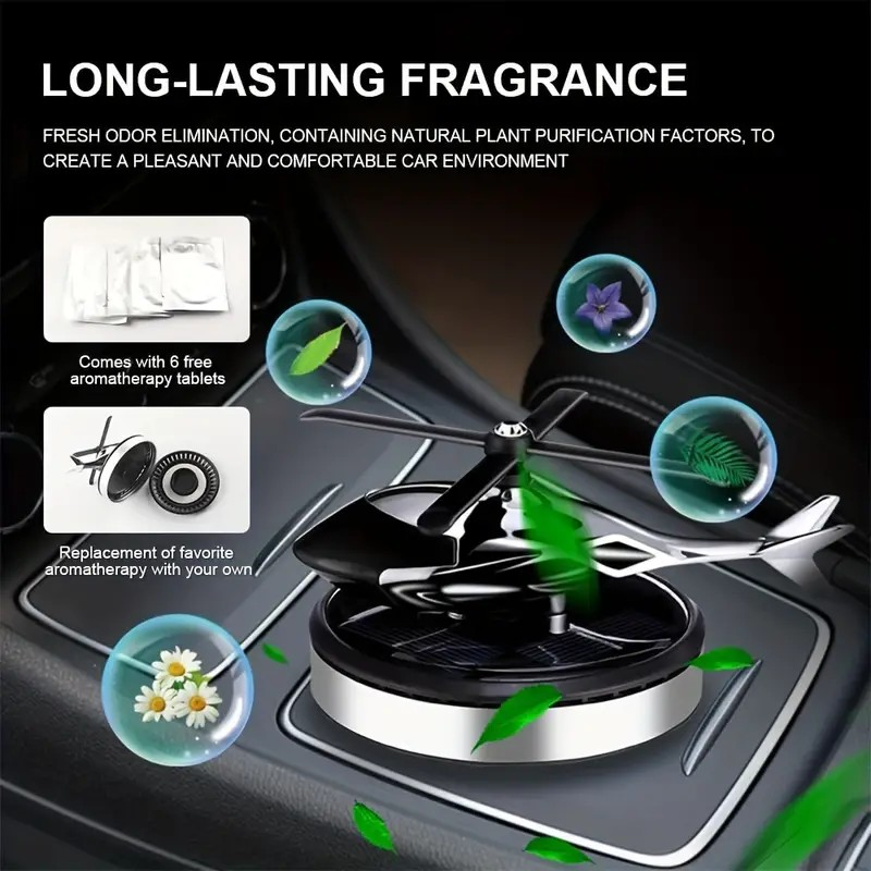 Solar-Powered Helicopter Aroma Diffuser – Long-Lasting Car Air Freshener & Odor Eliminator, Sleek Silvery Design for Home, Office, and Auto Decor