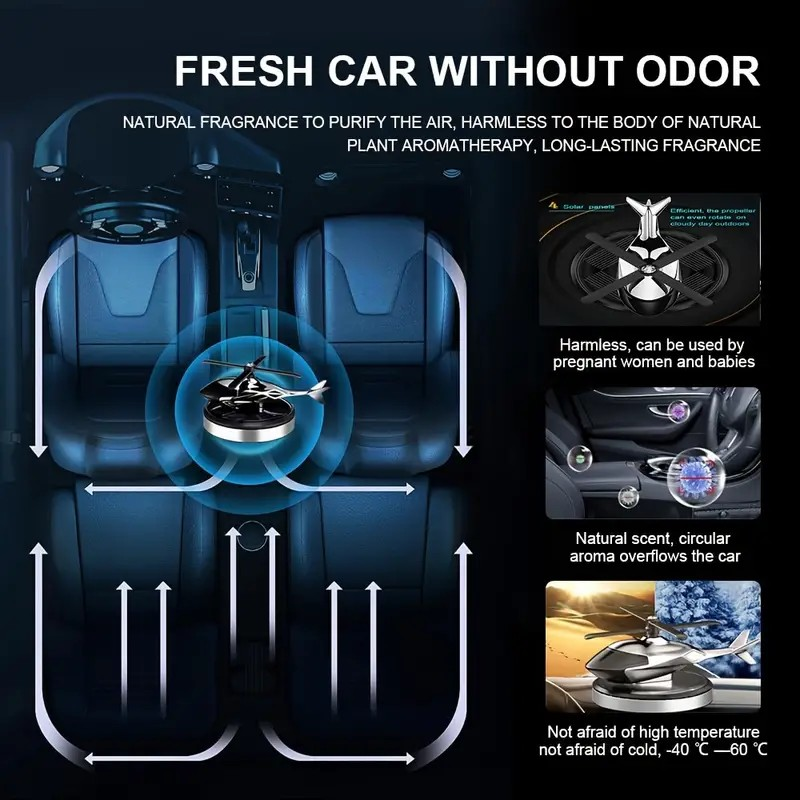 Solar-Powered Helicopter Aroma Diffuser – Long-Lasting Car Air Freshener & Odor Eliminator, Sleek Silvery Design for Home, Office, and Auto Decor