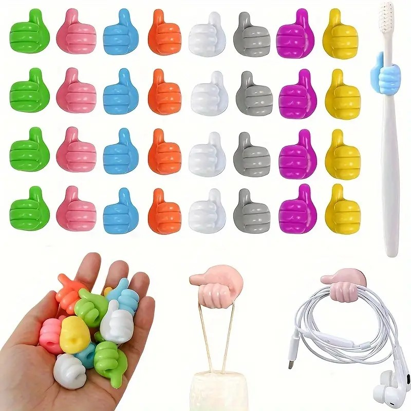 Value Pack of Adhesive Thumb Wall Hooks – Multifunctional Cable Clips & Key Holders for Organizing Cables, Keys, and More (20 Piece)